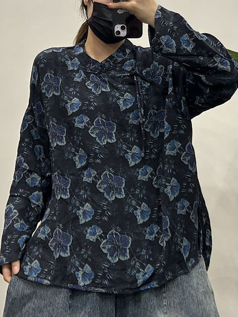 Camisa de algodón con borlas y cuello alto con flores estilo vintage para mujer