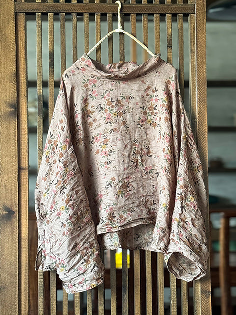 Blusa de cuello alto con flores otoñales y estilo artístico para mujer