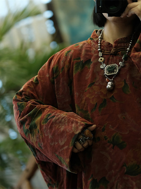 Abrigo de algodón con cuello alto y flores étnicas de otoño para mujer