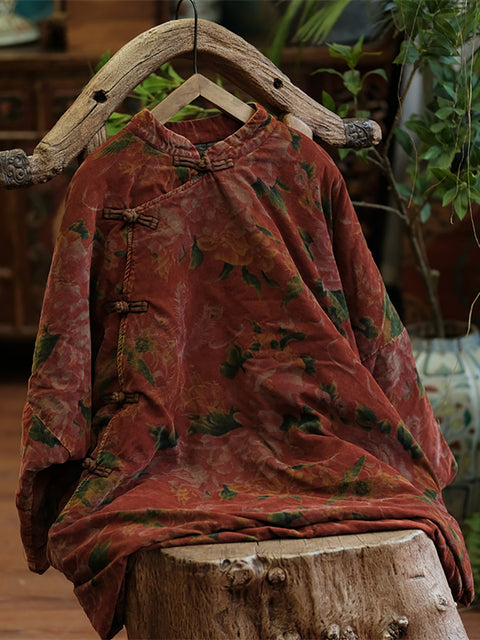 Abrigo de algodón con cuello alto y flores étnicas de otoño para mujer