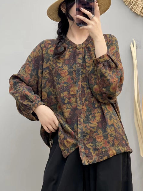 Blusa de algodón con cuello redondo y flores estilo vintage de otoño para mujer