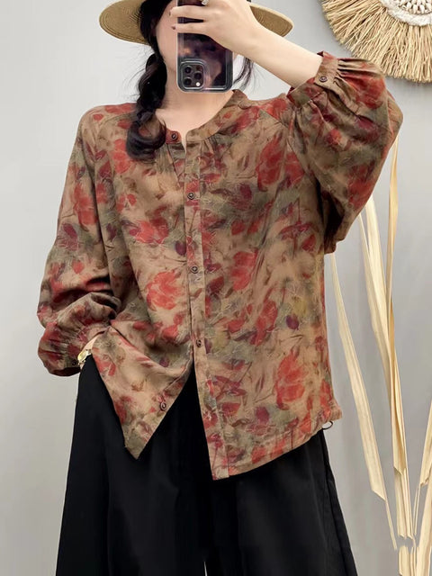 Blusa de algodón con cuello redondo y flores estilo vintage de otoño para mujer