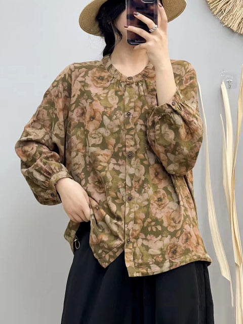 Women Autumn Artsy Flower Button-up O-Neck Cotton Shirt