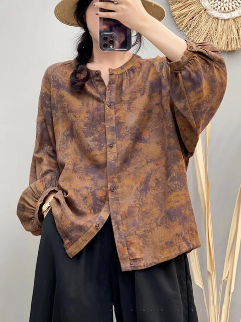 Women Autumn Artsy Flower Button-up O-Neck Cotton Shirt