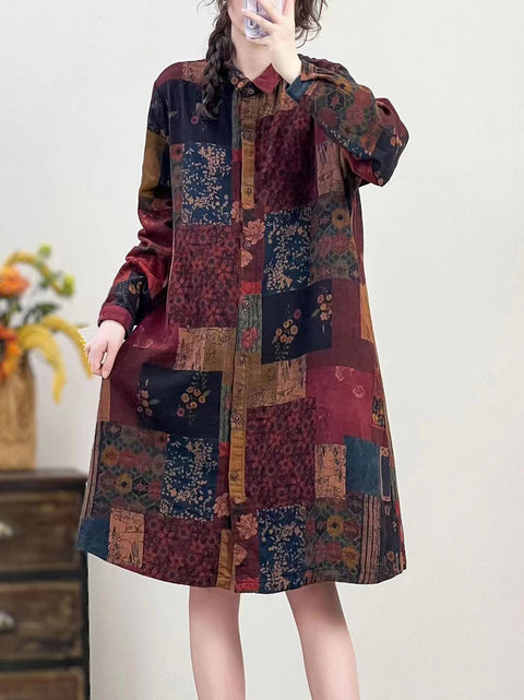 Women Autumn Vintage Flower Button-up Cotton Linen Long Shirt