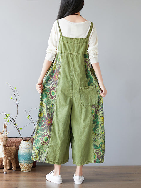 Women Artsy Flower Colorblock Loose Denim Jumpsuits