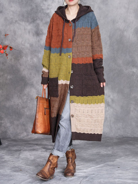 Women Winter Colorblock Wool Knitted Hooded Coat