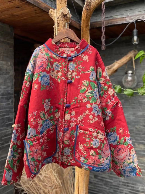 Women Ethnic Flower Stand Collar Pocket Cotton Short Coat