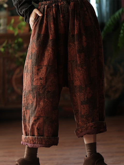 Pantalones harén de algodón con estampado floral vintage de otoño para mujer