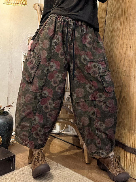 Pantalones harén de mezclilla con estampado retro de flores de otoño para mujer