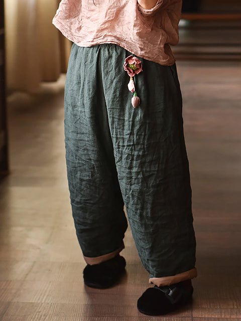 Women Autumn Retro Pure Color Padded Linen Harem Pants