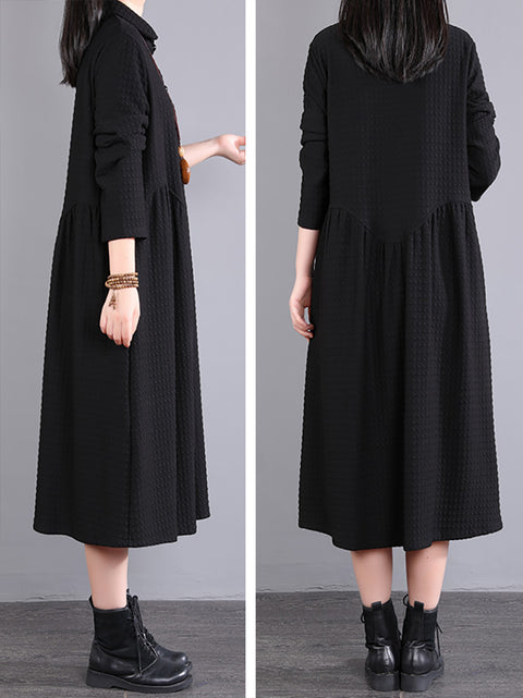 Plus Size Women Autumn Commute Solid Button Loose Dress