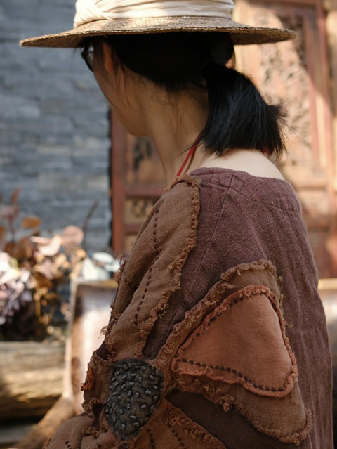 Abrigo de algodón con cuello alto y flores étnicas de otoño para mujer