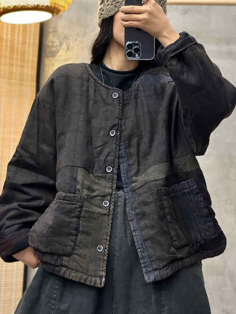 Women Autumn Patchwork O-Neck Linen Jacket