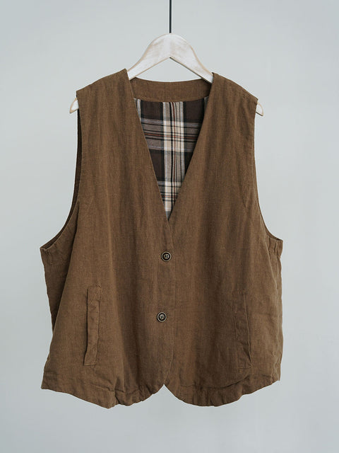 Women Ethnic Cotton Linen Solid V-Neck Vest