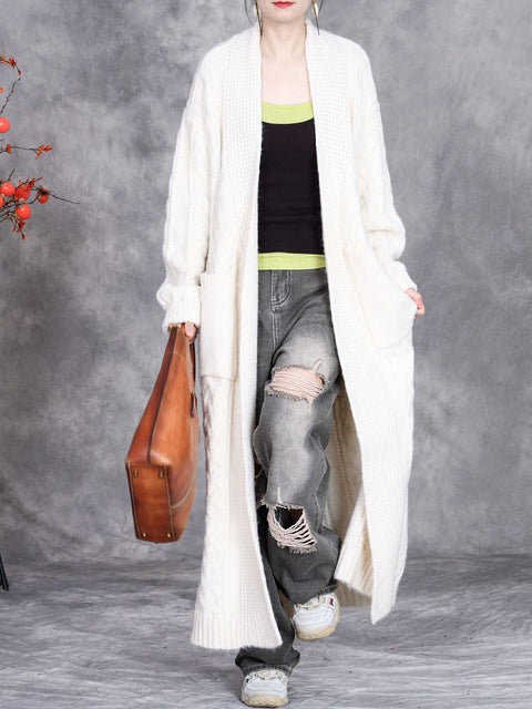 Women Autumn Artsy Solid V-Neck Knit Cardigan Coat