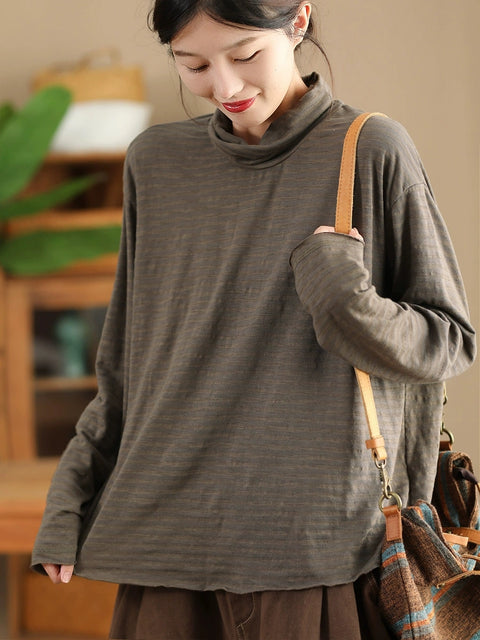 Women Autumn Casual Stripe Turtleneck Cotton Blouse