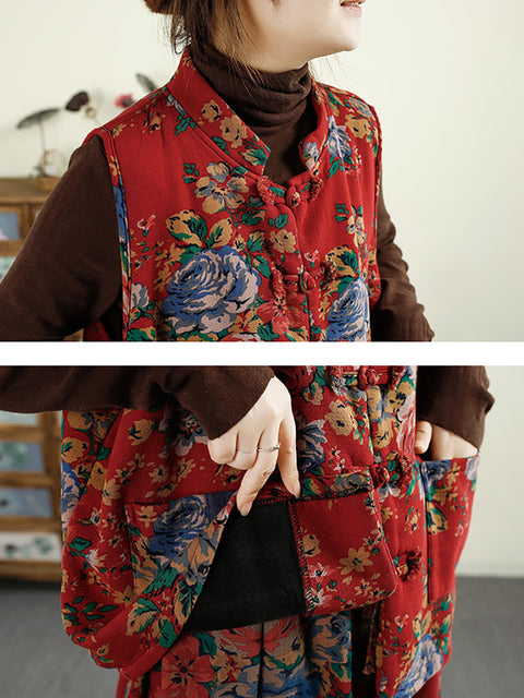 Women Ethnic Flower Pocket Cotton Padded Vest