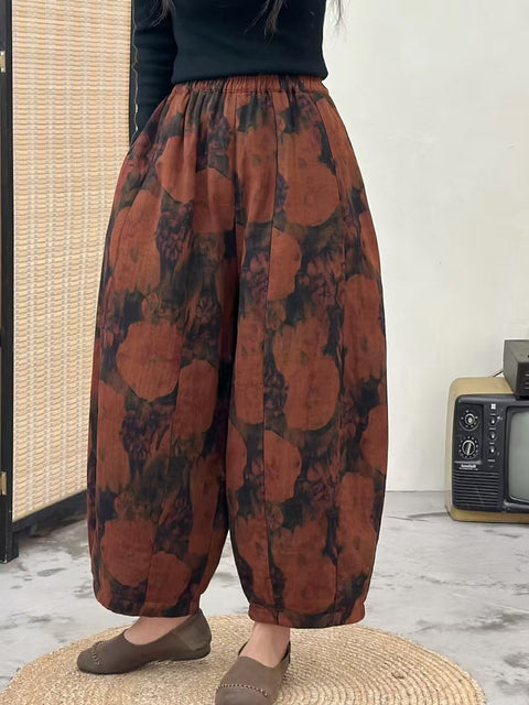 Pantalones harén de mezclilla con estampado retro de flores de otoño para mujer