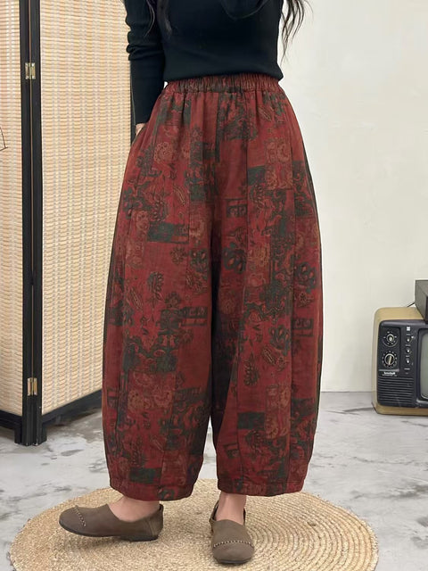 Pantalones harén de mezclilla con estampado retro de flores de otoño para mujer