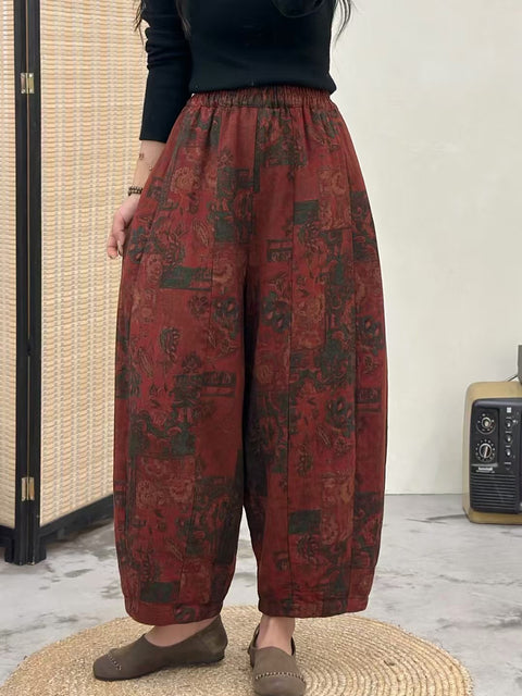 Women Autumn Retro Flower Spliced Loose Harem Pants