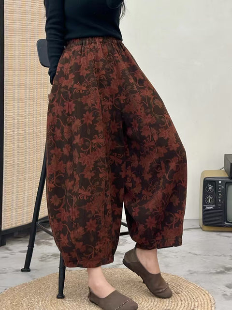 Pantalones harén de mezclilla con estampado retro de flores de otoño para mujer