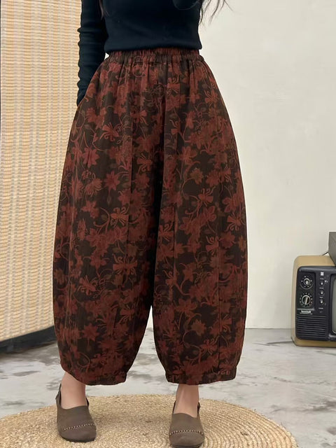 Pantalones harén de mezclilla con estampado retro de flores de otoño para mujer