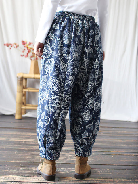 Women Ethnic Autumn Flower Spliced Cotton Harem Pants