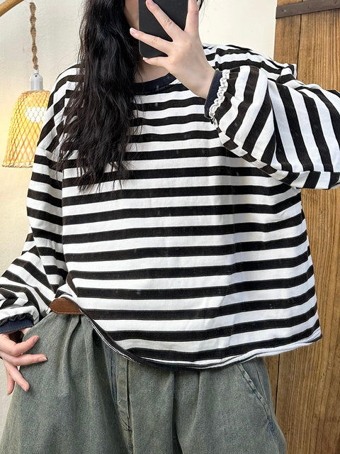 Women Casual Autumn Stripe Lantern Sleeve O-Neck Blouse