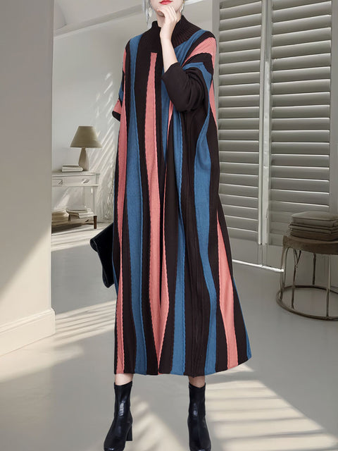 Women Autumn Artsy Colorblock Stripe Knitted Dress