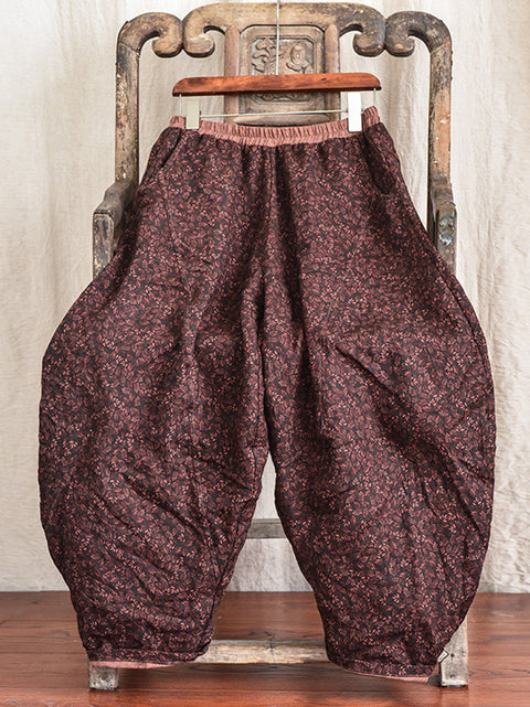 Pantalones casuales de lino con bolsillos florales y cintura elástica con estampado vintage