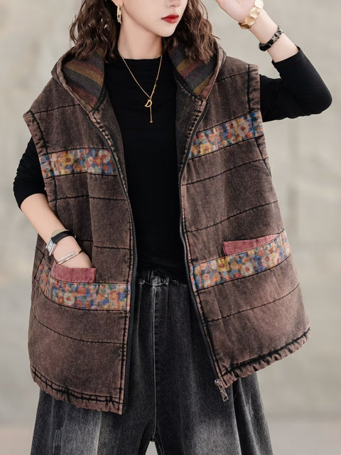 Women Retro Floral Spliced Hooded Cotton Padded Vest Coat