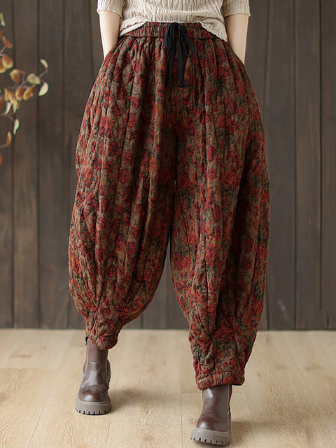 Women Autumn Retro Flower Loose Padded Bloomers