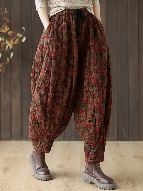 Pantalones harén de mezclilla con estampado retro de flores de otoño para mujer