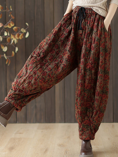 Pantalones harén de mezclilla con estampado retro de flores de otoño para mujer