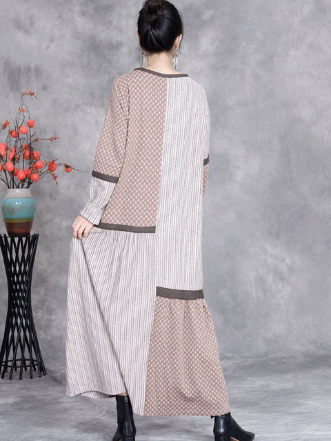 Women Autumn Artsy Dot Stripe Spliced Flower O-Neck Dress