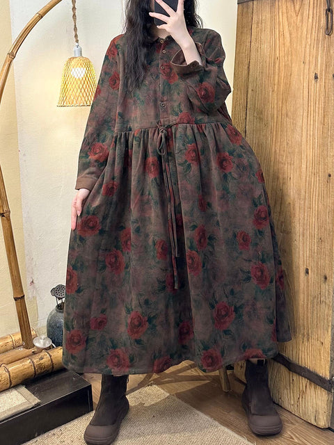 Women Vintage Autumn Flower Cotton Turn-down Collar Dress