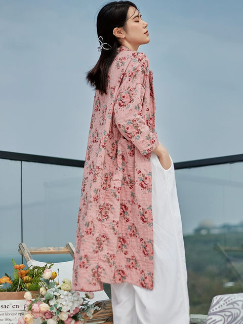 Women Ethnic Autumn Floral Ramie Cotton Long Coat