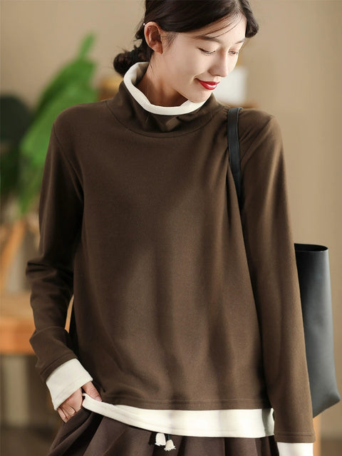 Women Casual Autumn Warm Colorblock Turtleneck Sweatshirt