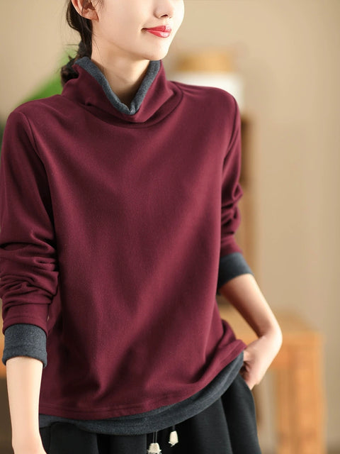 Women Casual Autumn Warm Colorblock Turtleneck Sweatshirt