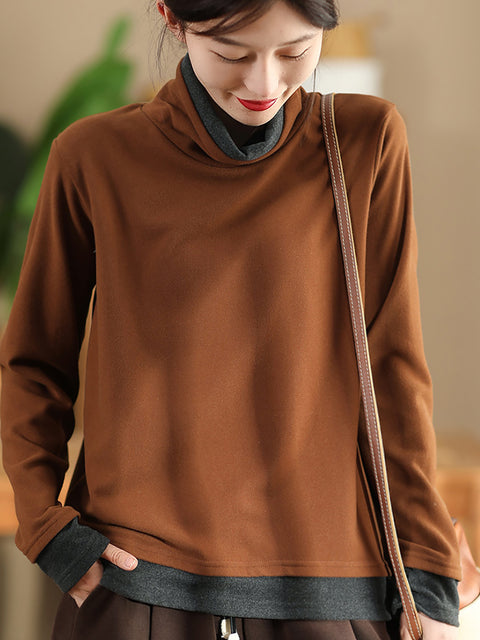 Women Casual Autumn Warm Colorblock Turtleneck Sweatshirt