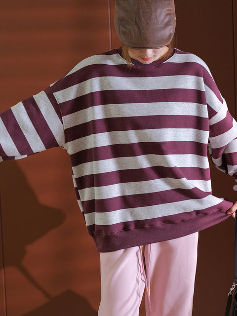 Women Autumn Casual Stripe Thick Cotton O-Neck Sweatshirt