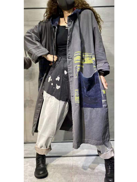 Women Autumn Artsy Colorblock Cotton Hooded Coat