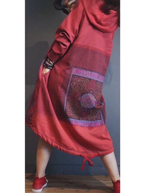 Women Ethnic Autumn Flower Hooded Cotton Dress