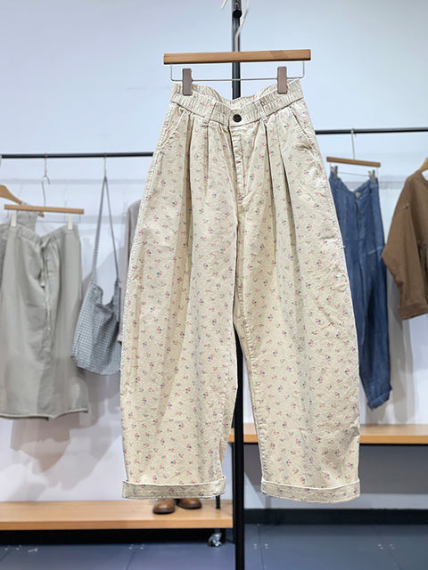 Pantalones harén de mezclilla con estampado retro de flores de otoño para mujer