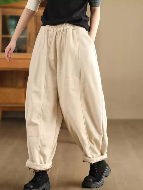 Women Winter Casual Solid Spliced Fleece-lined Harem Pants