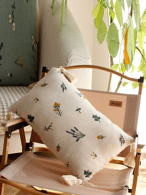 Fundas de almohada de lino con bordados florales artísticos para sofá cama