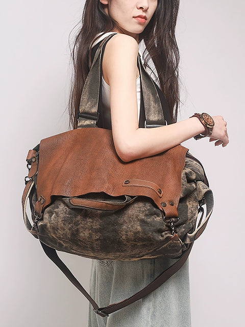 Vintage Colorblock Leather Canvas Spliced Shoulder Bag