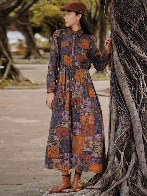 Vestido de lino con botones y flores de otoño estilo vintage para mujer