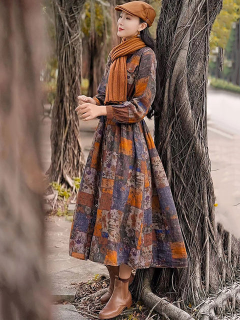 Women Vintage Autumn Flower Spliced Turn-down Collar Dress